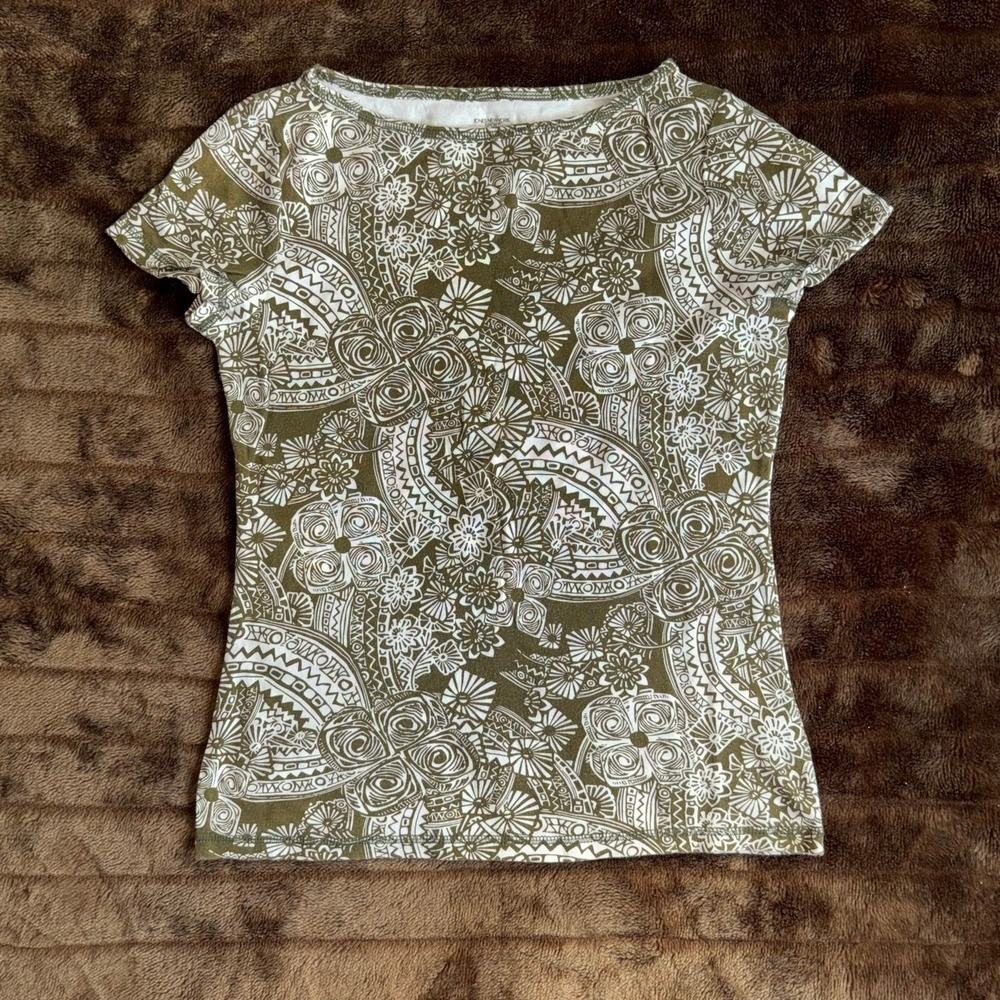Jones New York M Olive Green/White Floral Cap Sleeve 100%‎ Cotton T-Shirt